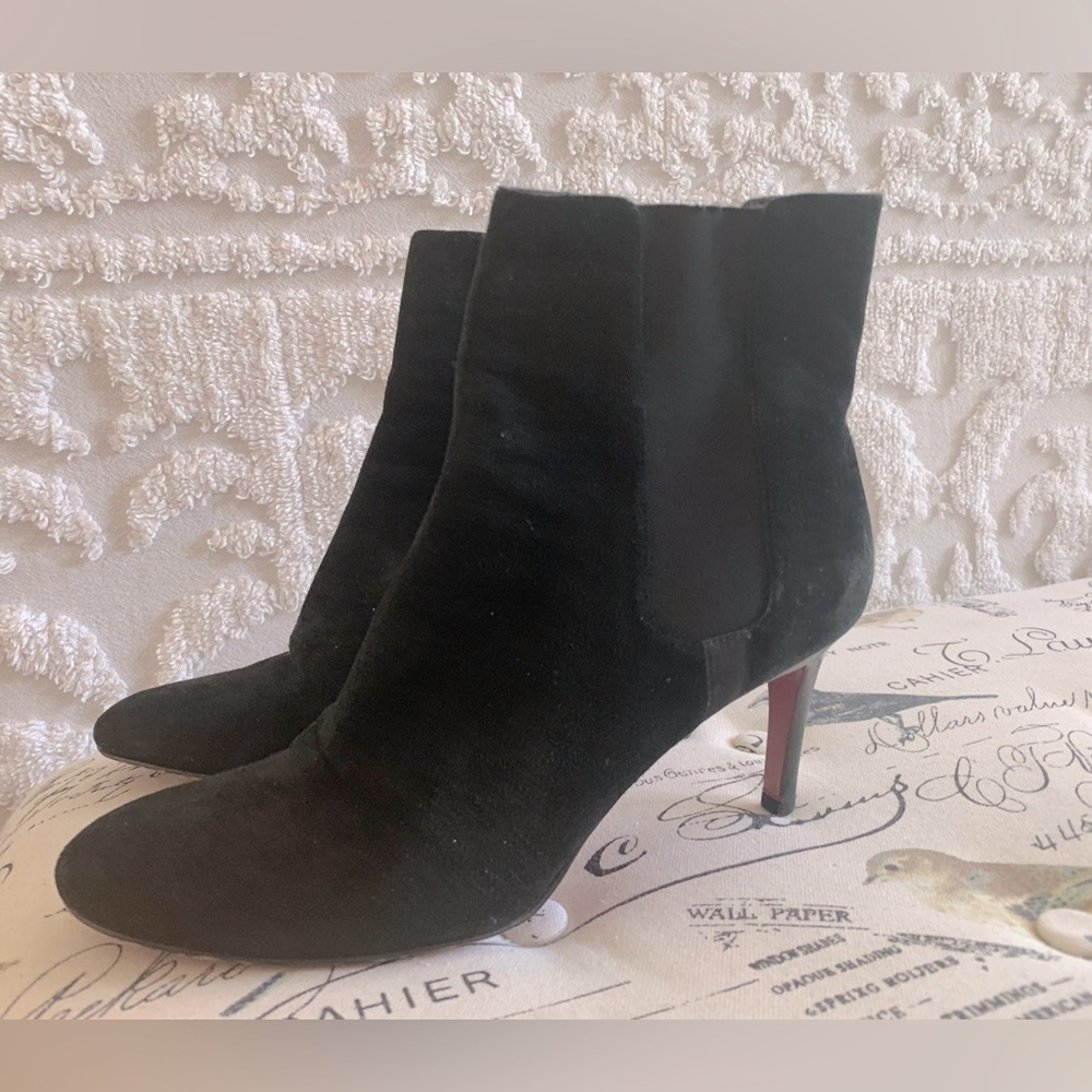 Tommy Hilfiger Bootie: Black Suede Chelsea, Pull-On, Red Sole, 3” Heel, 9
